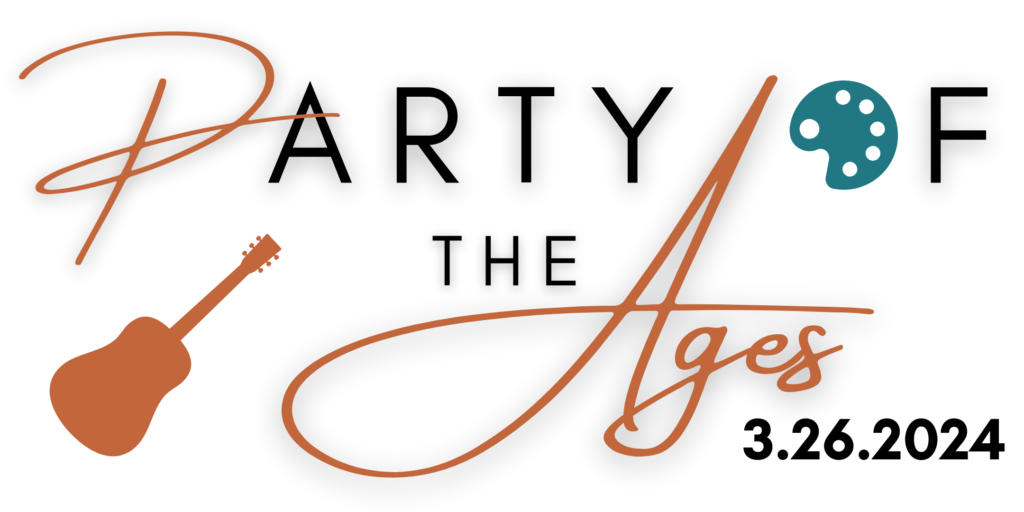 "Party of the Ages" text with guitar and painter's palette graphics and the date "3.26.2024"
