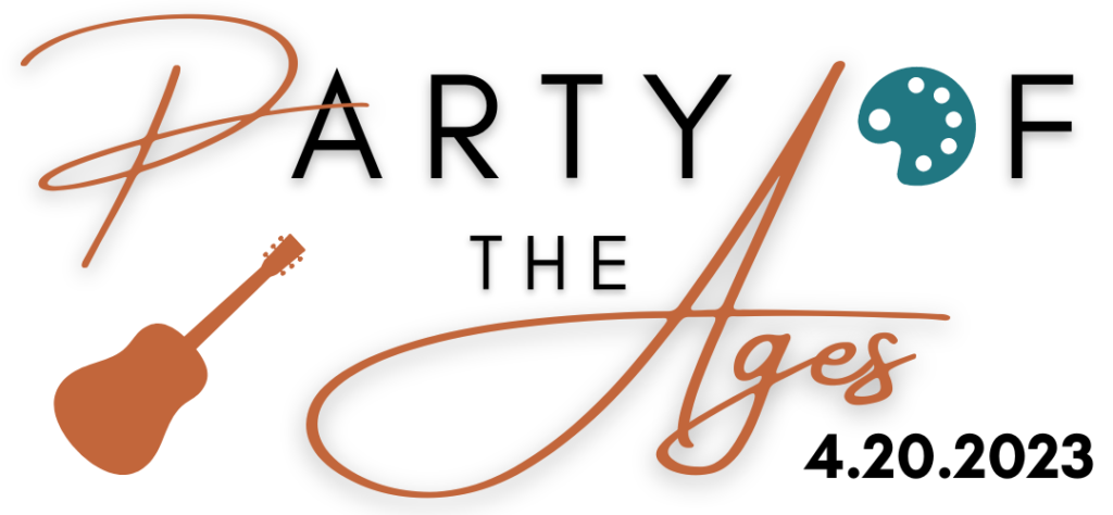 Orange and teal logo with painters palette, guitar, and words "Party of the Ages 4.20.2023"